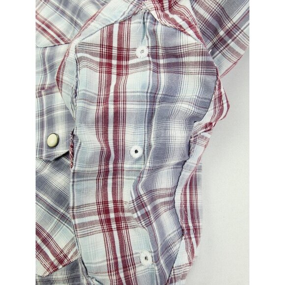 Ariat Stretch Medium Mens White Burgundy Gray Check Embroidered Logo Pearl Snap - Picture 7 of 12